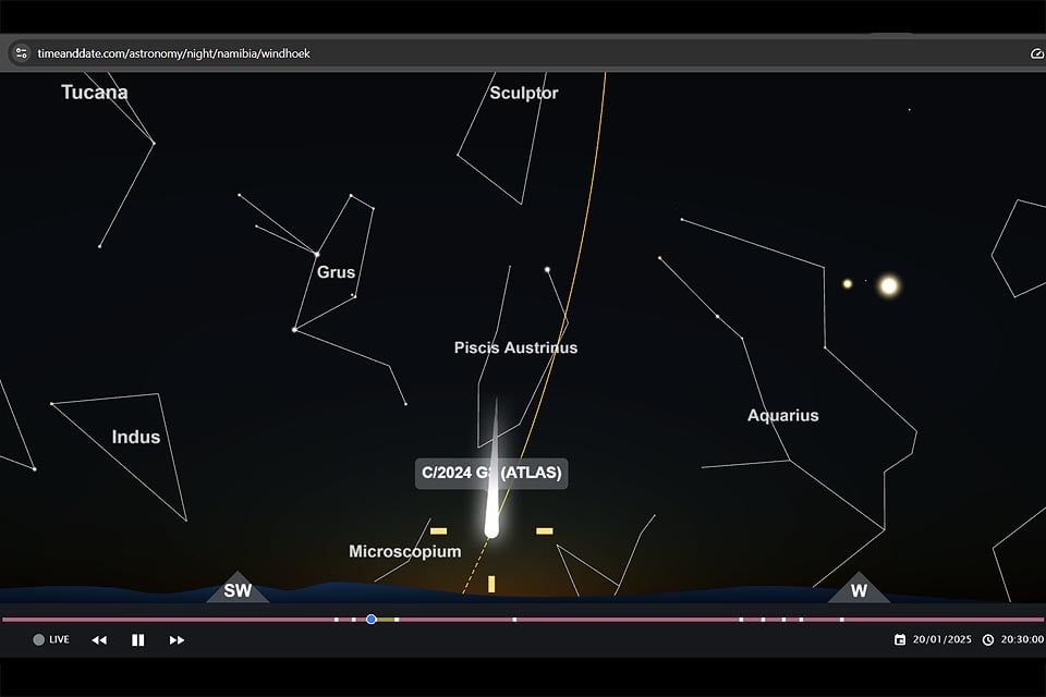 Comet C/2024 G3 ATLAS in the evening Namibia west-southwest starry sky graphic screenshot interactive star map TimeAndDate.com