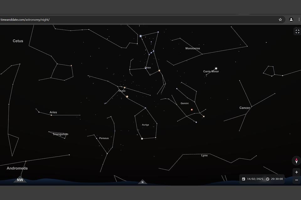 Mars Constellation Gemini Jupiter Taurus Evening sky 14 February 20.30 Windhoek View North Screenshot of Interactive Star Chart TimeAndDate.com
