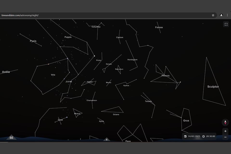 Southern Cross second brightest star Canopus evening sky 14 February 20.30 Windhoek view south Screenshot of interactive star map TimeAndDate.com