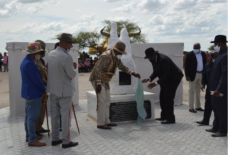 Â The King Nehale Warriorsâ€™ Memorial at Namutoni was unveiled by Omunkwaniilwa Fillemon Shuumbwa Nangolo of the Ondonga Traditional Authority (left) and Namibiaâ€™s President Hage Geingob on the occasional of the 118th commemoration of the battle on 28 January 2022.